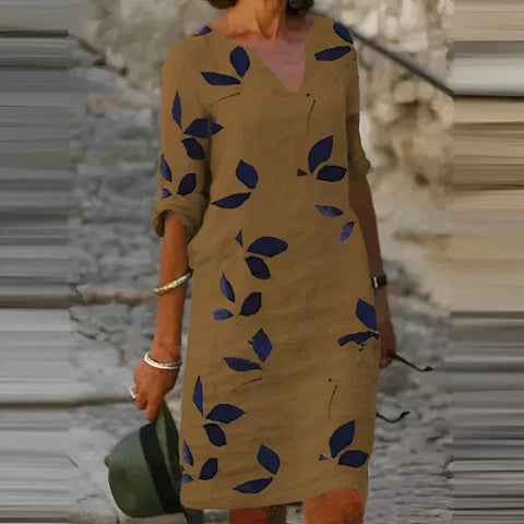 Sommerkleid mit Blattdruck | Leinen | Halblange Ärmel | Knielang | Locker-Braun-S-Luzern Mode