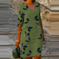 Sommerkleid mit Blattdruck | Leinen | Halblange Ärmel | Knielang | Locker-Grün-S-Luzern Mode