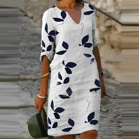 Sommerkleid mit Blattdruck | Leinen | Halblange Ärmel | Knielang | Locker-Weiß-S-Luzern Mode