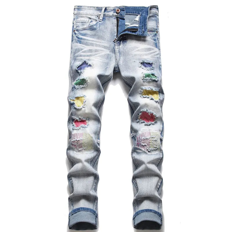Ripped Herrenjeans | Slim Fit | Knopfverschluss | Stretch | Lässig-Regenbogen Vintage-28-Luzern Mode