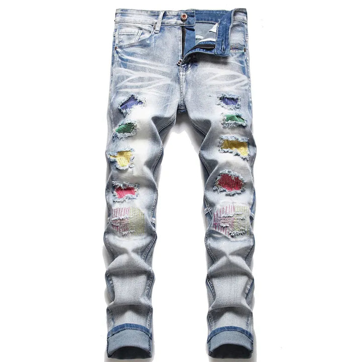 Ripped Herrenjeans | Slim Fit | Knopfverschluss | Stretch | Lässig-Regenbogen Vintage-28-Luzern Mode