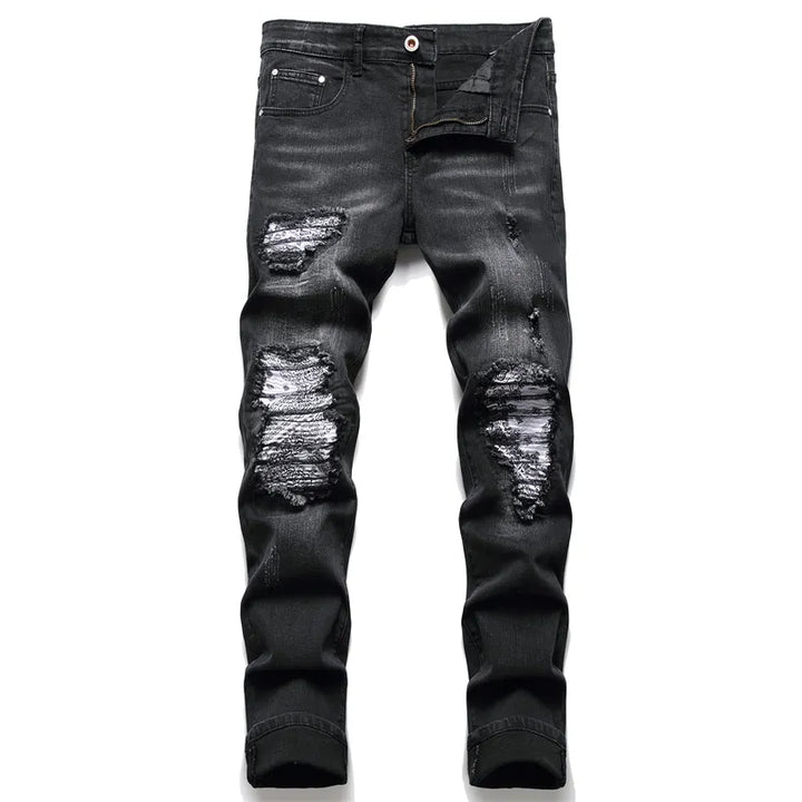 Ripped Herrenjeans | Slim Fit | Knopfverschluss | Stretch | Lässig-Schwarz Vintage-28-Luzern Mode
