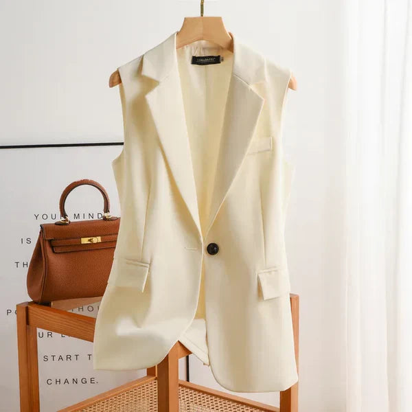 Ärmelloser Damenblazer | Ein-Knopf | Kragen | Uni | Weich | Atmungsaktiv-Cremeweiß-S-Luzern Mode