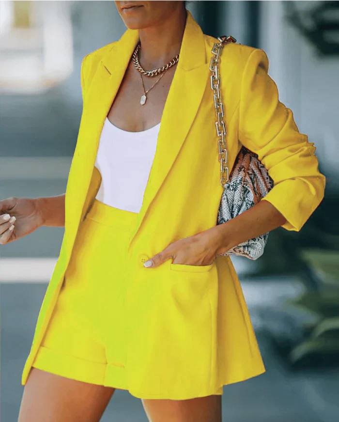 Elastischer Blazer | High-Waist Shorts mit Gürtel | figurschmeichelnd | knitterfrei-Gelb-S-Luzern Mode