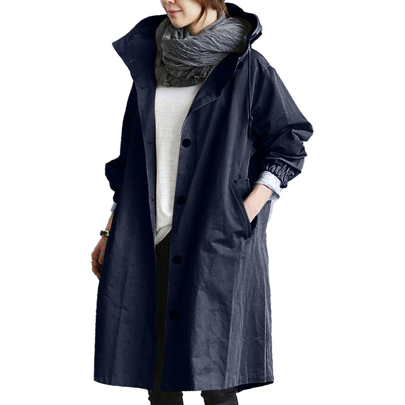 Damen Regenmantel Wasserdicht mit Kapuze und Taschen-Dunkelblau-S-Luzern Mode