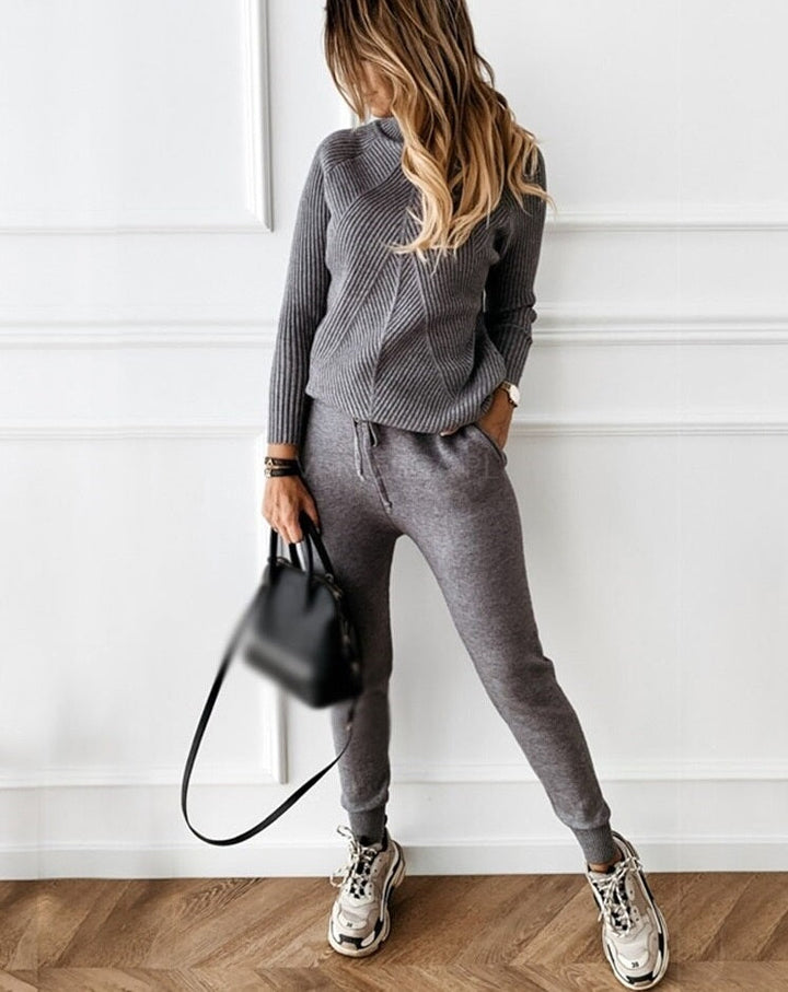Damen Strickpullover und Jogginghose Set für Freizeit-Grau-S-Luzern Mode