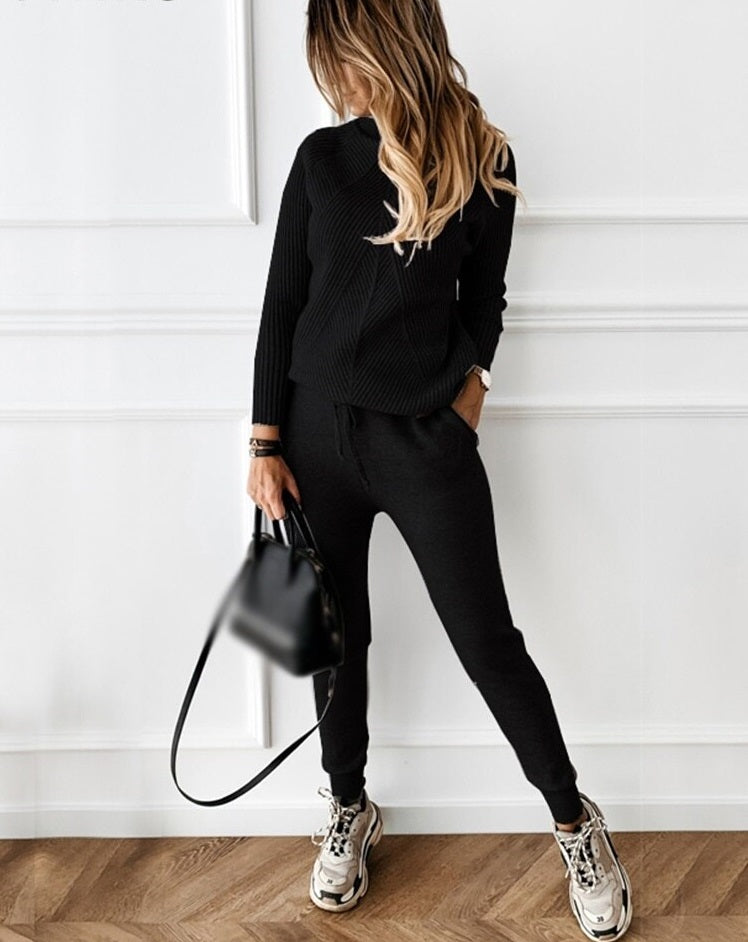 Damen Strickpullover und Jogginghose Set für Freizeit-Schwarz-S-Luzern Mode