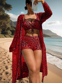 Damen Badeanzug-Set | 3-Teilig | Bikini | Überwurf | Leicht | Weich-Rot-S-Luzern Mode