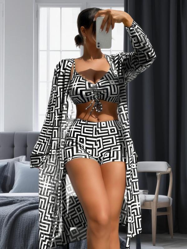 Damen Badeanzug-Set | 3-Teilig | Bikini | Überwurf | Leicht | Weich-Schwarz Weiß-S-Luzern Mode