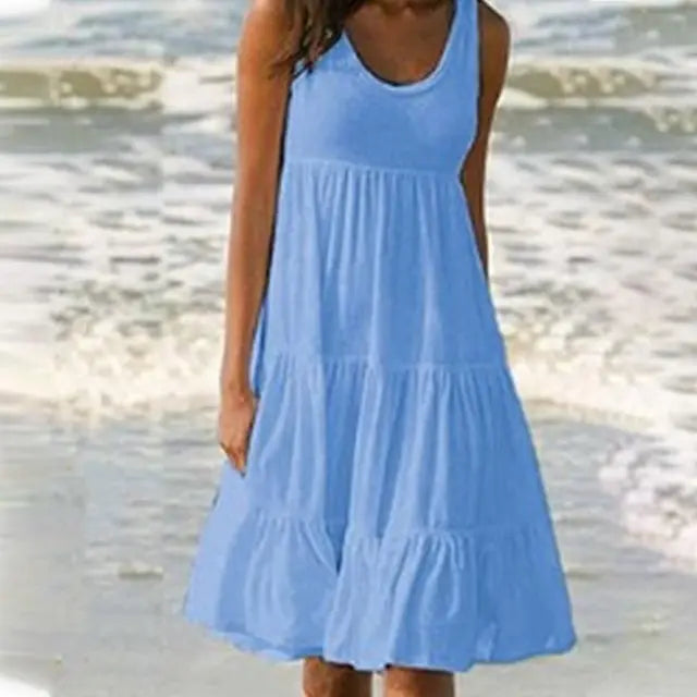 Sommerkleid Damen Mini | Ärmelloses Kleid | Trendiges Casual-Outfit mit Rundhalsausschnitt-Blau-S-Luzern Mode