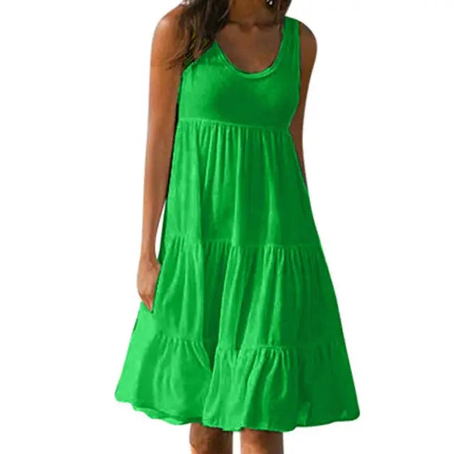 Sommerkleid Damen Mini | Ärmelloses Kleid | Trendiges Casual-Outfit mit Rundhalsausschnitt-Grün-S-Luzern Mode