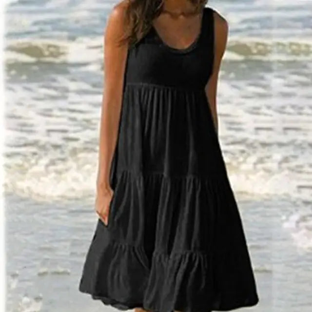 Sommerkleid Damen Mini | Ärmelloses Kleid | Trendiges Casual-Outfit mit Rundhalsausschnitt-Schwarz-S-Luzern Mode