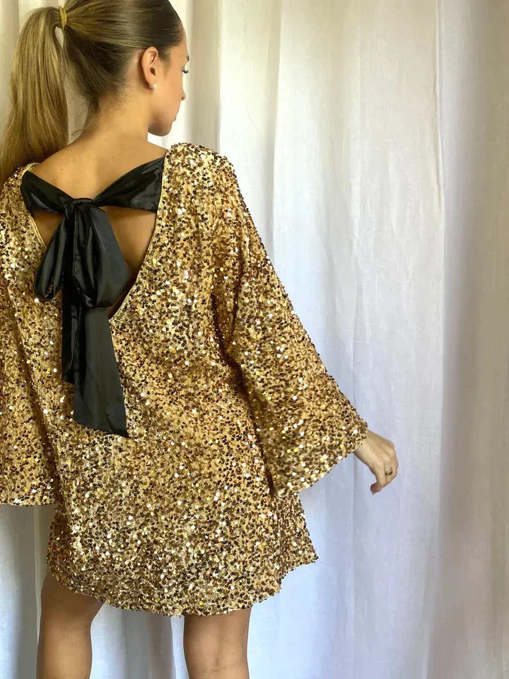 Pailletten-Kleid Damen mit Schleife und Rückenausschnitt-Gold-XS-Luzern Mode