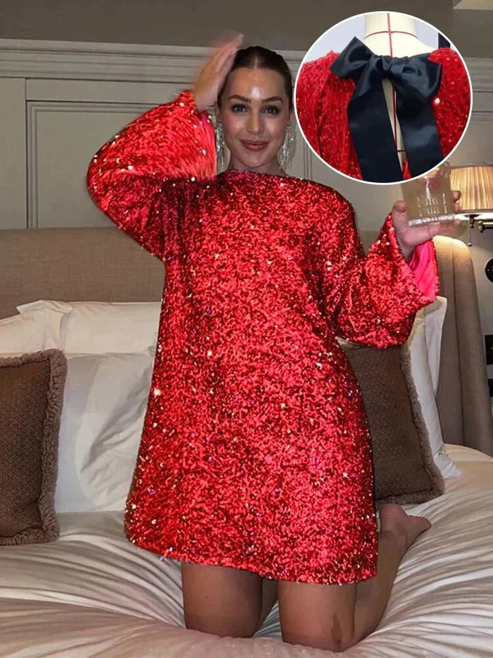 Pailletten-Kleid Damen mit Schleife und Rückenausschnitt-Rot-XS-Luzern Mode
