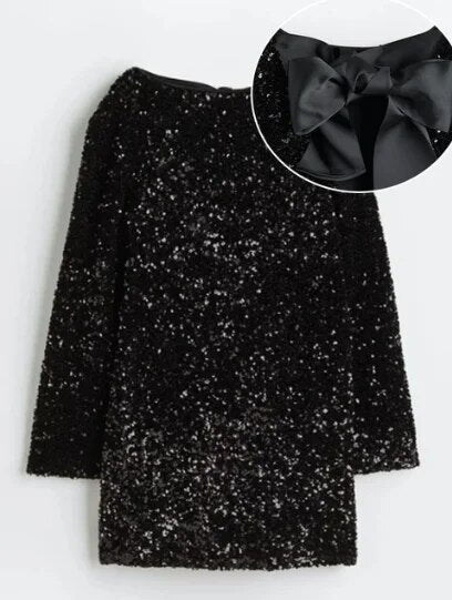 Pailletten-Kleid Damen mit Schleife und Rückenausschnitt-Schwarz-XS-Luzern Mode