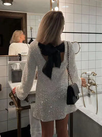 Pailletten-Kleid Damen mit Schleife und Rückenausschnitt-Weiß-XS-Luzern Mode