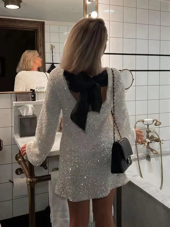 Pailletten-Kleid Damen mit Schleife und Rückenausschnitt-Weiß-XS-Luzern Mode
