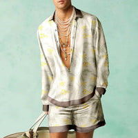 Hawaii Set Herren zweiteilig | Kurzarmhemd | Shorts | tropischer Print | luftig-Beige/Gelb-S-Luzern Mode