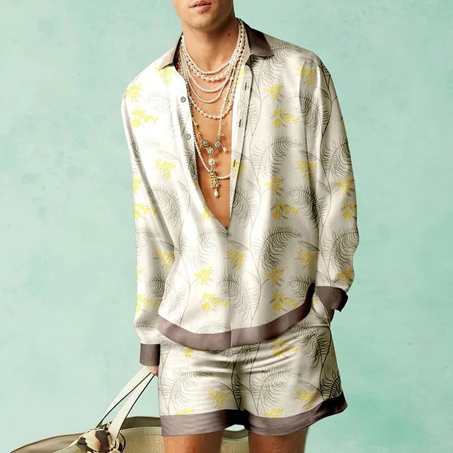 Hawaii Set Herren zweiteilig | Kurzarmhemd | Shorts | tropischer Print | luftig-Beige/Gelb-S-Luzern Mode