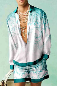 Hawaii Set Herren zweiteilig | Kurzarmhemd | Shorts | tropischer Print | luftig-Blau/Lichtrosa-S-Luzern Mode
