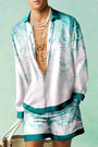 Hawaii Set Herren zweiteilig | Kurzarmhemd | Shorts | tropischer Print | luftig-Blau/Lichtrosa-S-Luzern Mode