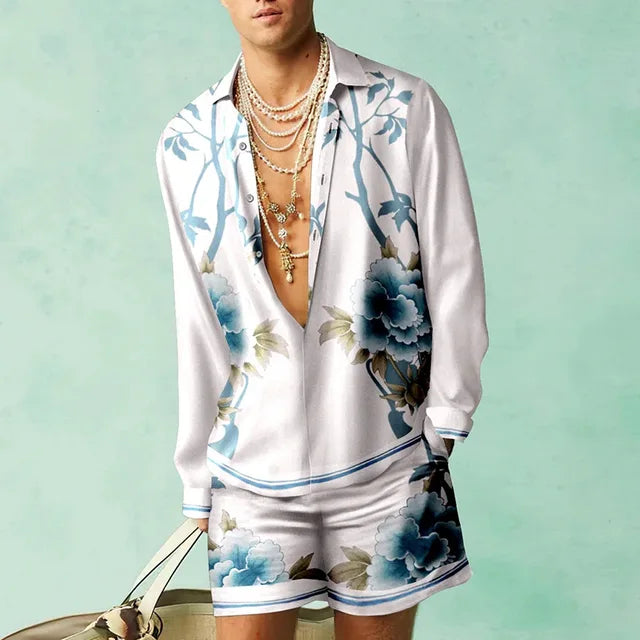 Hawaii Set Herren zweiteilig | Kurzarmhemd | Shorts | tropischer Print | luftig-Blau/Weiß-S-Luzern Mode