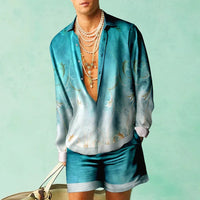 Hawaii Set Herren zweiteilig | Kurzarmhemd | Shorts | tropischer Print | luftig-Dunkelblau/Weiß-S-Luzern Mode
