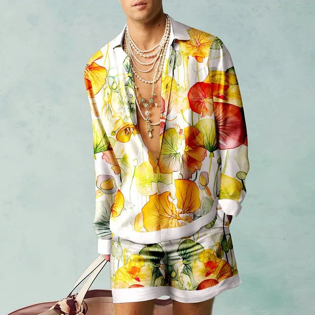 Hawaii Set Herren zweiteilig | Kurzarmhemd | Shorts | tropischer Print | luftig-Gelb/Weiß-S-Luzern Mode