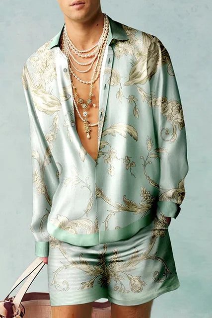 Hawaii Set Herren zweiteilig | Kurzarmhemd | Shorts | tropischer Print | luftig-Lichtblau/Grün-S-Luzern Mode