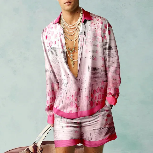 Hawaii Set Herren zweiteilig | Kurzarmhemd | Shorts | tropischer Print | luftig-Lichtrosa/Weiß-S-Luzern Mode