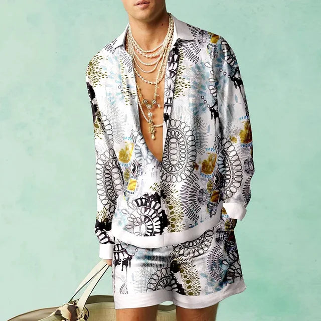 Hawaii Set Herren zweiteilig | Kurzarmhemd | Shorts | tropischer Print | luftig-Schwarz/Weiß/Gelb-S-Luzern Mode