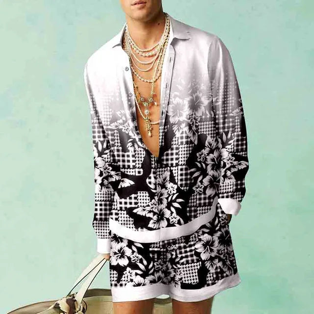 Hawaii Set Herren zweiteilig | Kurzarmhemd | Shorts | tropischer Print | luftig-Weiß/Schwarz-S-Luzern Mode