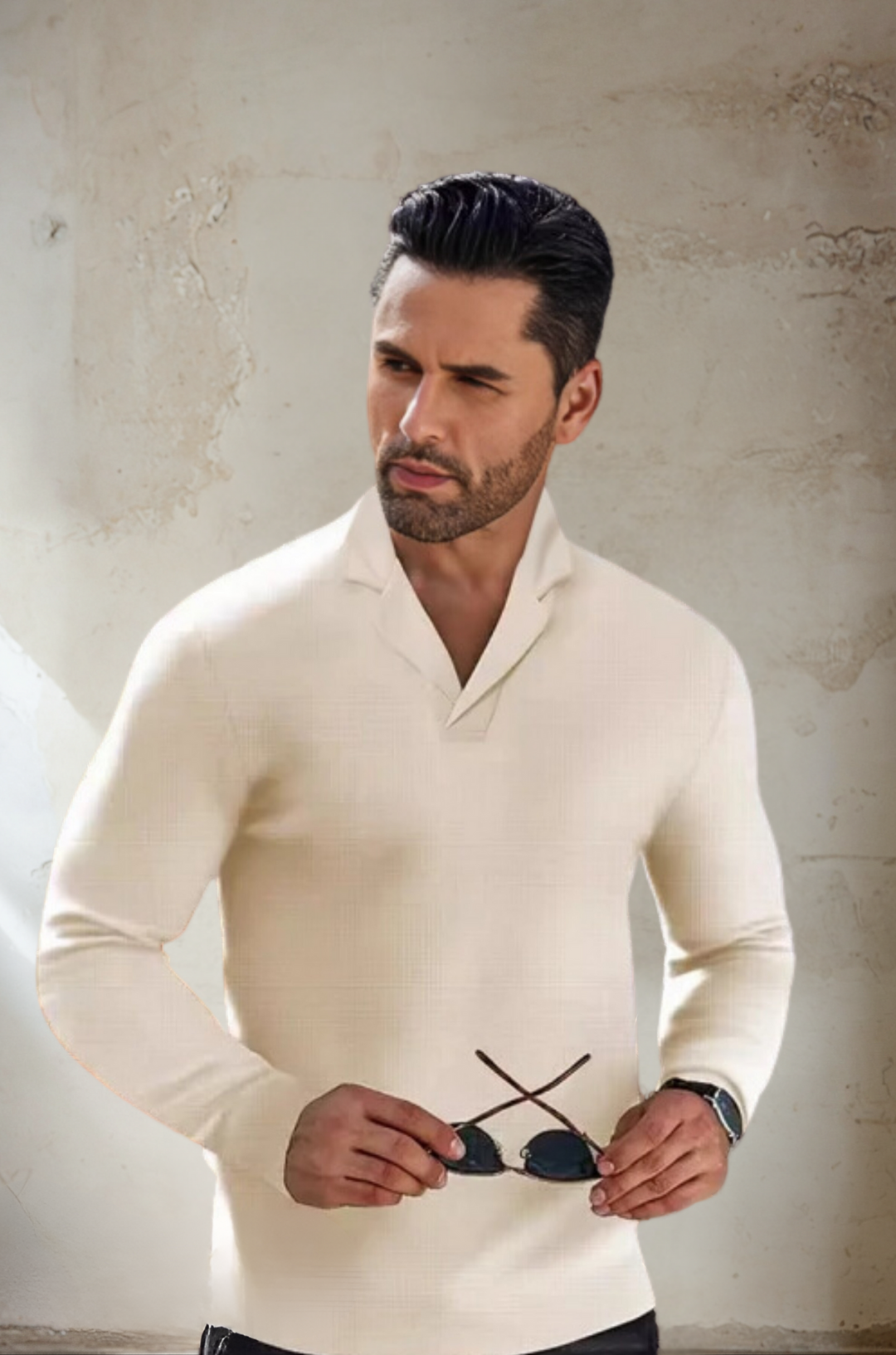 Herren Langarmshirt mit V-Ausschnitt für Freizeitmode-Khaki-S-Luzern Mode