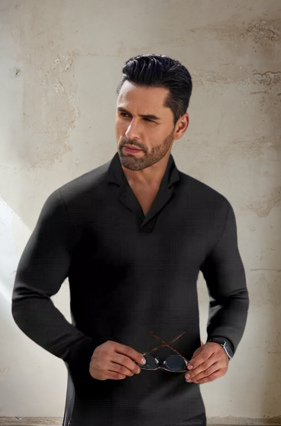 Herren Langarmshirt mit V-Ausschnitt für Freizeitmode-Schwarz-S-Luzern Mode