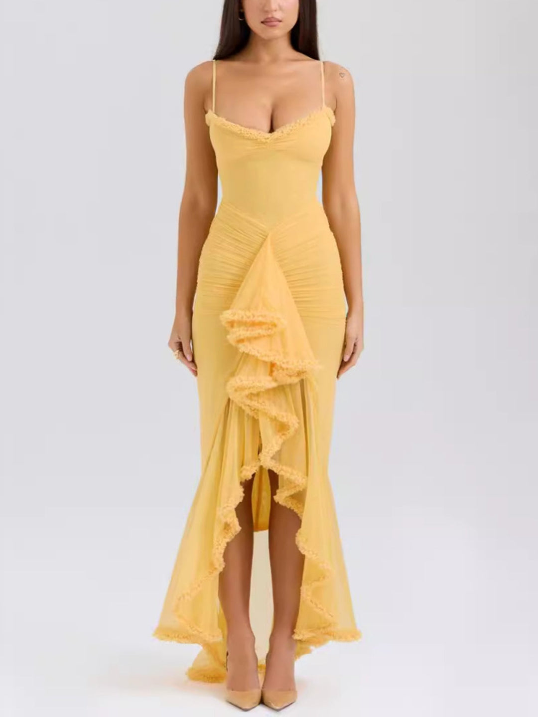 Maxi Sommerkleid Damen | Rüschen | Bequem | Figurfreundlich | Sommerfarben-Gelb-XS-Luzern Mode