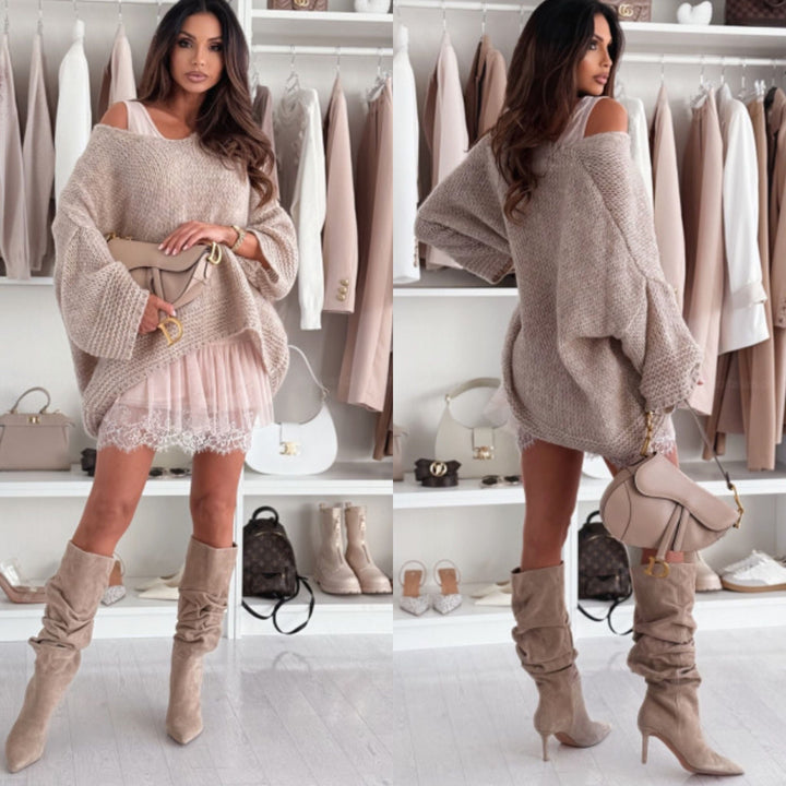 Trendiges Off-Shoulder-Oberteil | Puffärmel | Oversized | Stretchstoff-S (40/42)-Beige-Luzern Mode