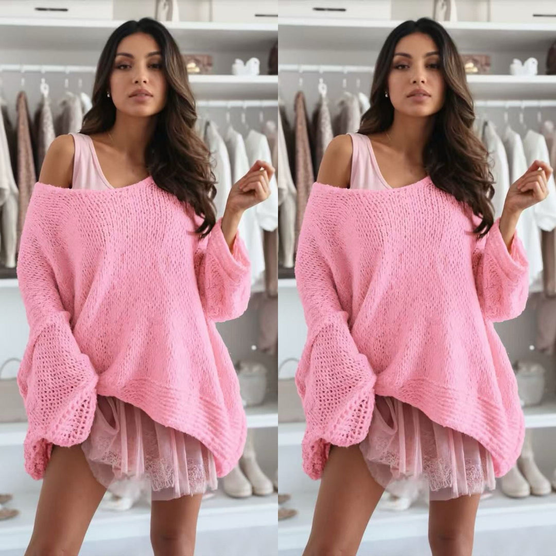 Trendiges Off-Shoulder-Oberteil | Puffärmel | Oversized | Stretchstoff-S (40/42)-Rosa-Luzern Mode