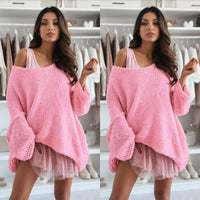 Trendiges Off-Shoulder-Oberteil | Puffärmel | Oversized | Stretchstoff-S (40/42)-Rosa-Luzern Mode