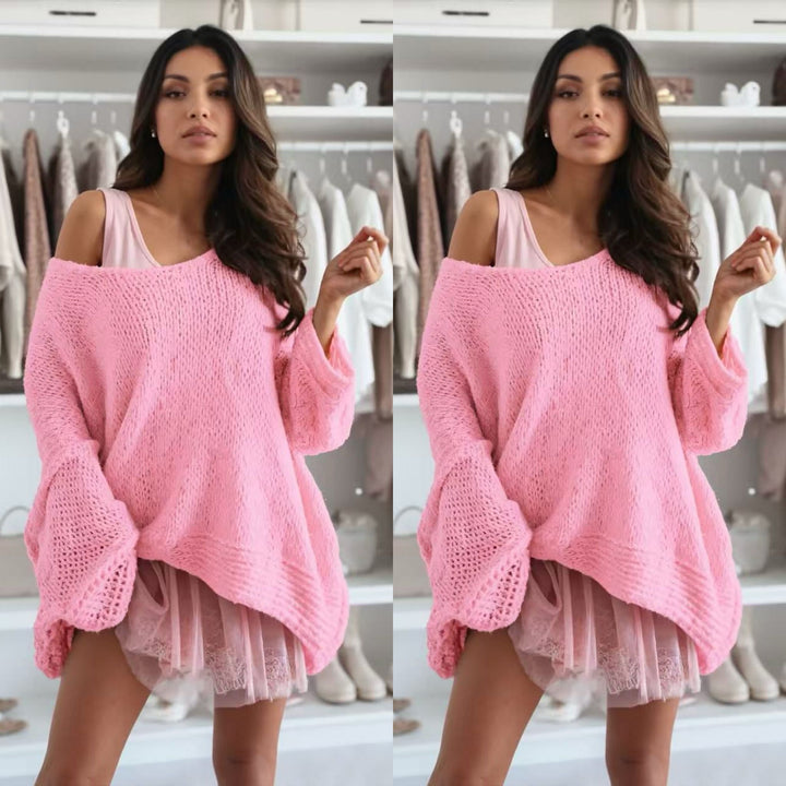 Trendiges Off-Shoulder-Oberteil | Puffärmel | Oversized | Stretchstoff-S (40/42)-Rosa-Luzern Mode
