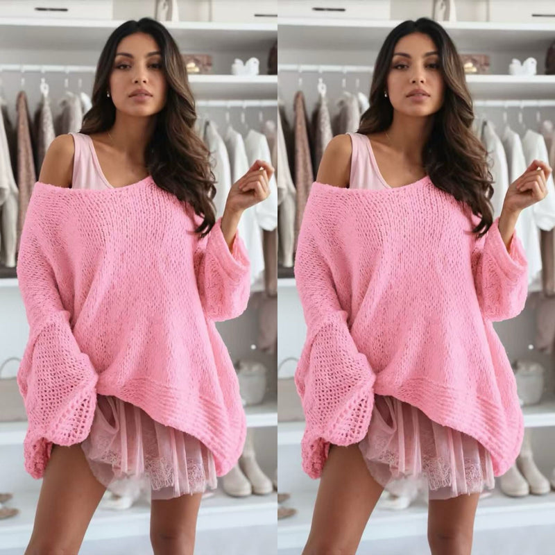 Trendiges Off-Shoulder-Oberteil | Puffärmel | Oversized | Stretchstoff-S (40/42)-Rosa-Luzern Mode