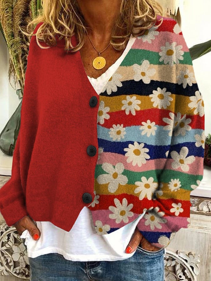 Damen Strickjacke mit Blumenmuster - Modische Freizeitmode-Stil 1-S-Luzern Mode