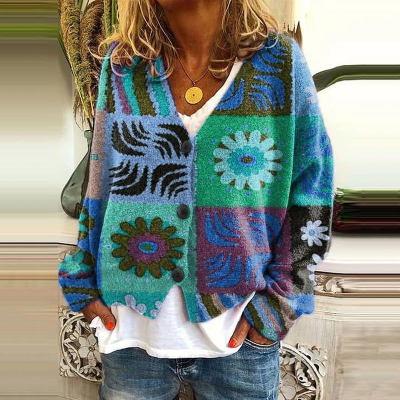 Damen Strickjacke mit Blumenmuster - Modische Freizeitmode-Stil 3-S-Luzern Mode