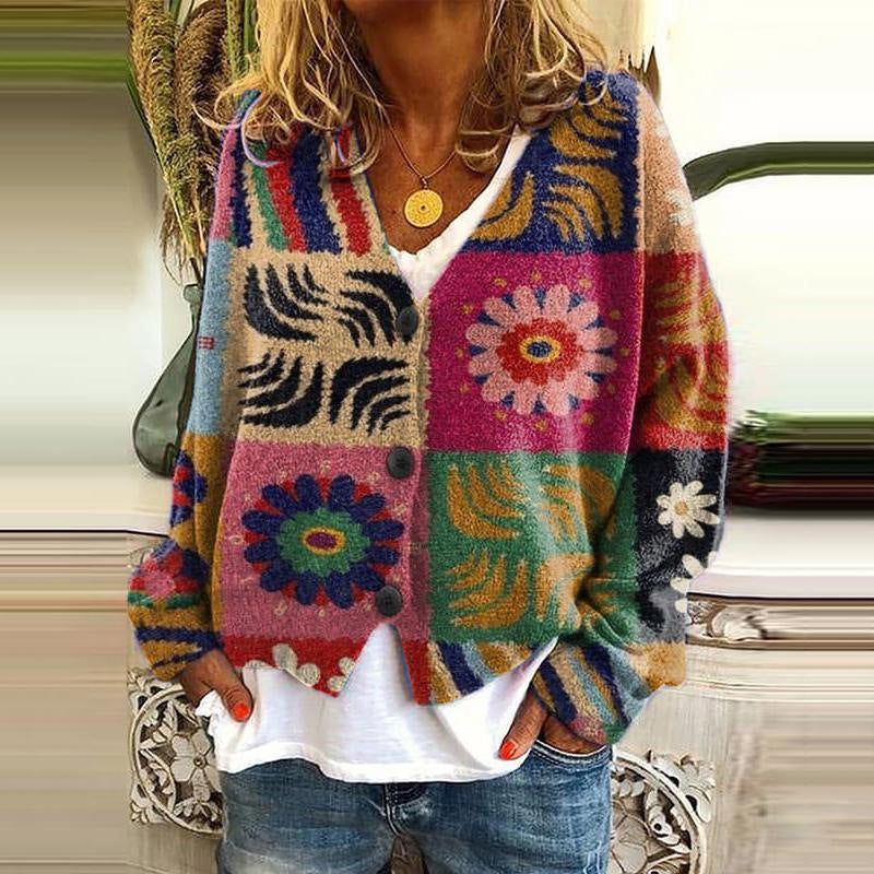 Damen Strickjacke mit Blumenmuster - Modische Freizeitmode-Stil 4-S-Luzern Mode