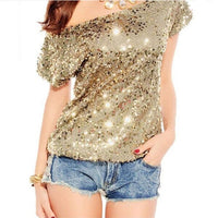Schulter T-Shirt Damen | Pailletten Glitzer | Off Shoulder | Bequem & auffällig-Gold-Luzern Mode