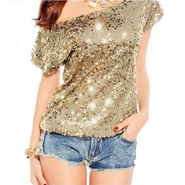 Schulter T-Shirt Damen | Pailletten Glitzer | Off Shoulder | Bequem & auffällig-Gold-Luzern Mode