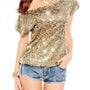 Schulter T-Shirt Damen | Pailletten Glitzer | Off Shoulder | Bequem & auffällig-Gold-Luzern Mode