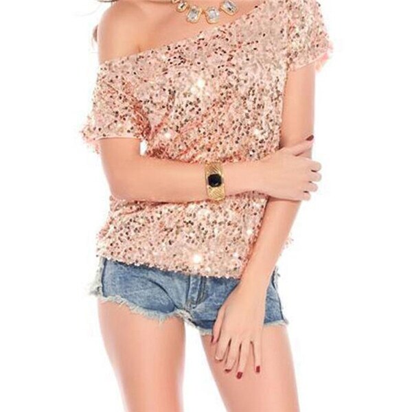 Schulter T-Shirt Damen | Pailletten Glitzer | Off Shoulder | Bequem & auffällig-Rosa-Luzern Mode