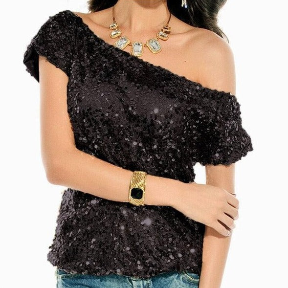 Schulter T-Shirt Damen | Pailletten Glitzer | Off Shoulder | Bequem & auffällig-Schwarz-Luzern Mode