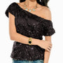 Schulter T-Shirt Damen | Pailletten Glitzer | Off Shoulder | Bequem & auffällig-Schwarz-Luzern Mode