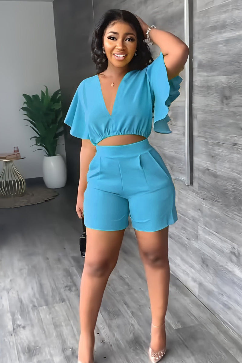 Gefaltetes Crop-Top | tiefer V-Ausschnitt | High-Waist Shorts | luftiger Stoff | Taschen-Blau-S-Luzern Mode